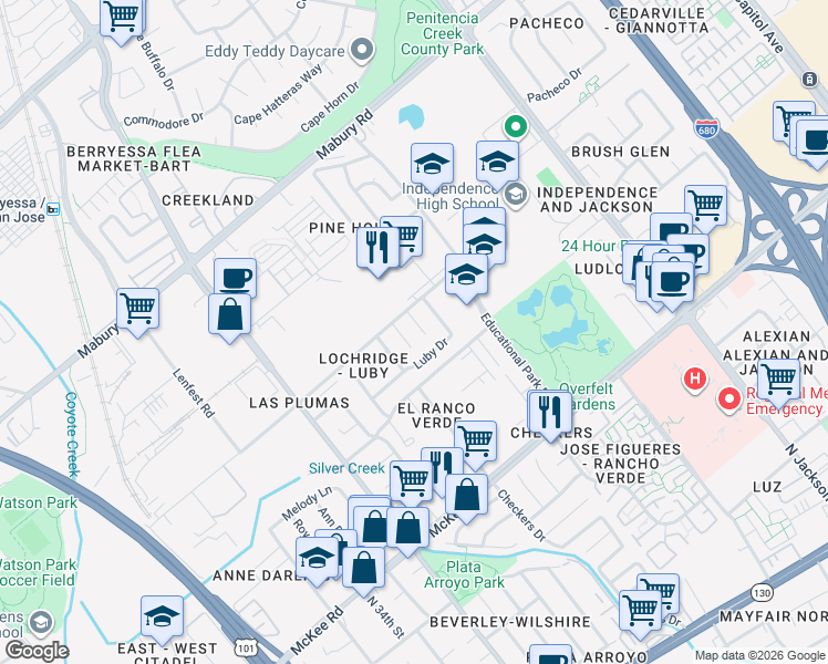 map of restaurants, bars, coffee shops, grocery stores, and more near 1977 Luby Drive in San Jose