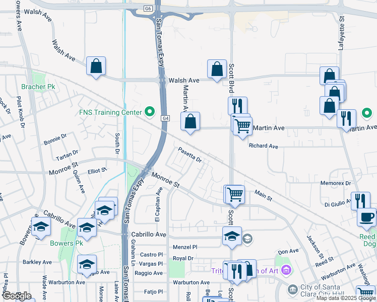 map of restaurants, bars, coffee shops, grocery stores, and more near 2257 Pasetta Drive in Santa Clara