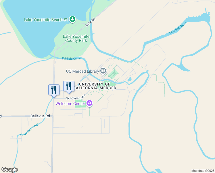 map of restaurants, bars, coffee shops, grocery stores, and more near 5200 Lake Road in Merced
