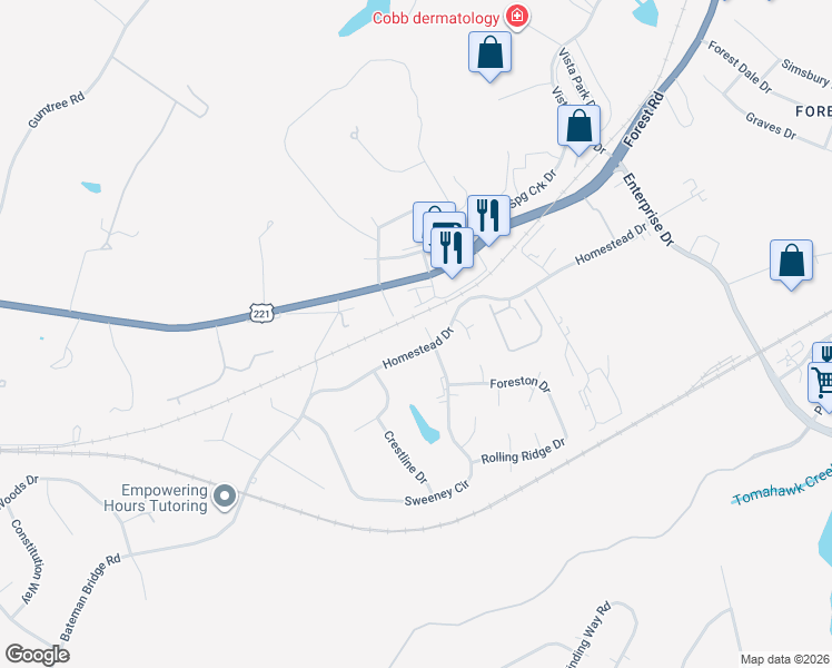 map of restaurants, bars, coffee shops, grocery stores, and more near 305 Homestead Drive in Forest
