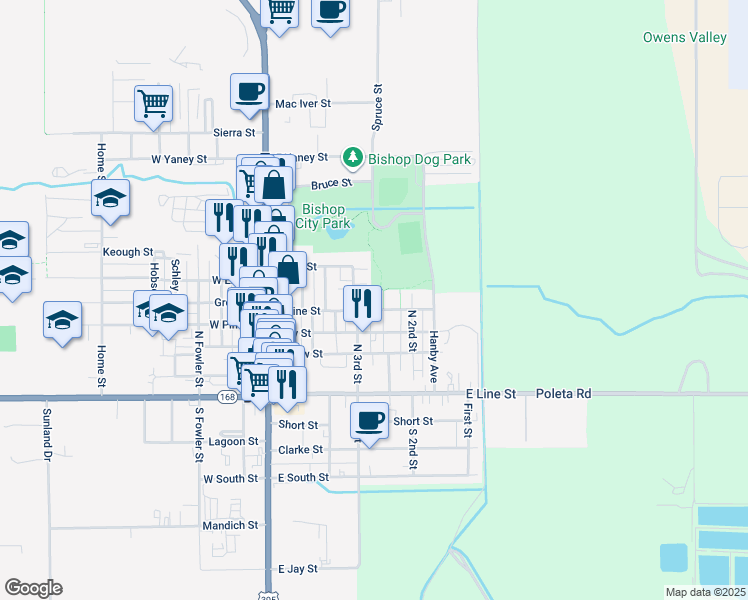 map of restaurants, bars, coffee shops, grocery stores, and more near 325 East Pine Street in Bishop
