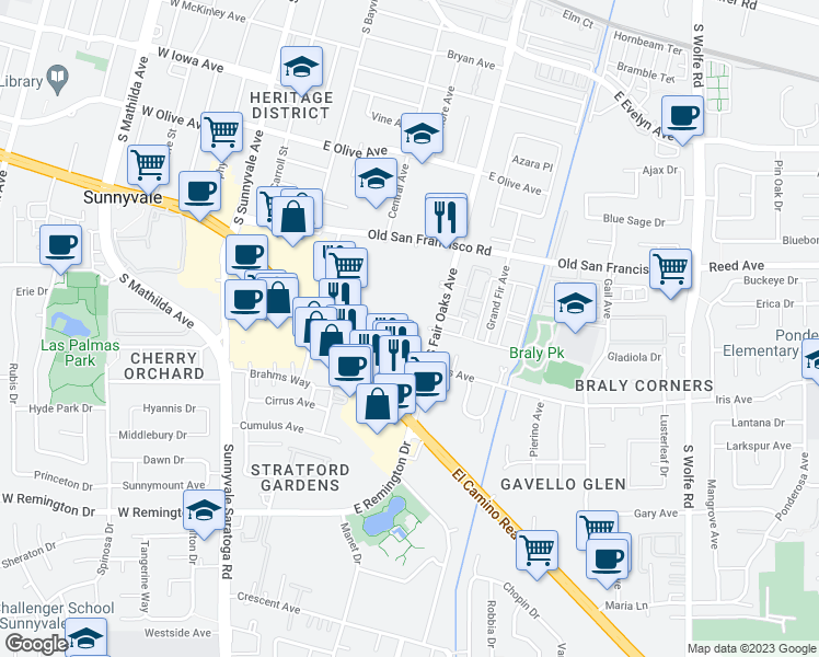 map of restaurants, bars, coffee shops, grocery stores, and more near 663 South Fair Oaks Avenue in Sunnyvale