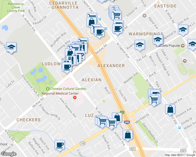 map of restaurants, bars, coffee shops, grocery stores, and more near 207 Pamela Avenue in San Jose