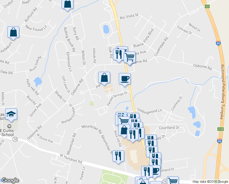 map of restaurants, bars, coffee shops, grocery stores, and more near 2704 Goyne Loop in Chester