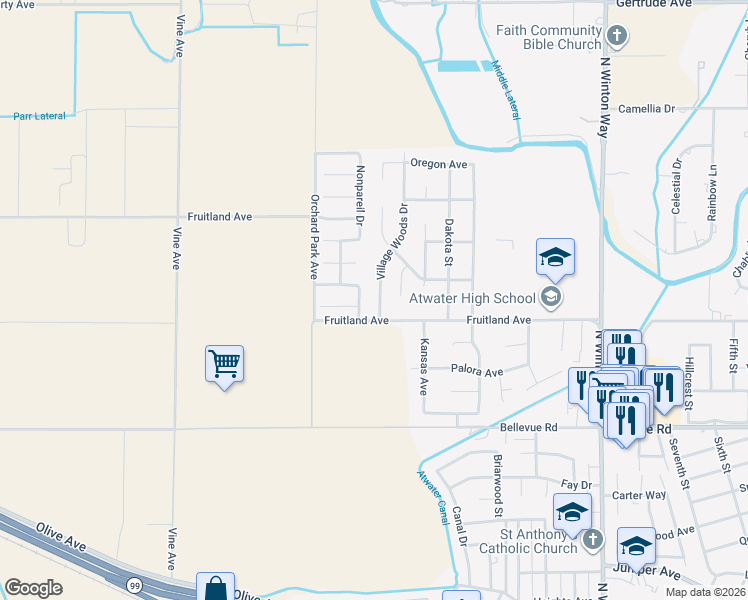 map of restaurants, bars, coffee shops, grocery stores, and more near 3141 Village Woods Drive in Atwater