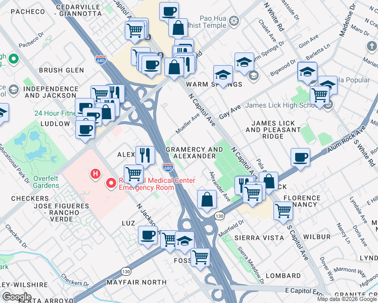 map of restaurants, bars, coffee shops, grocery stores, and more near 175 Alexander Avenue in San Jose