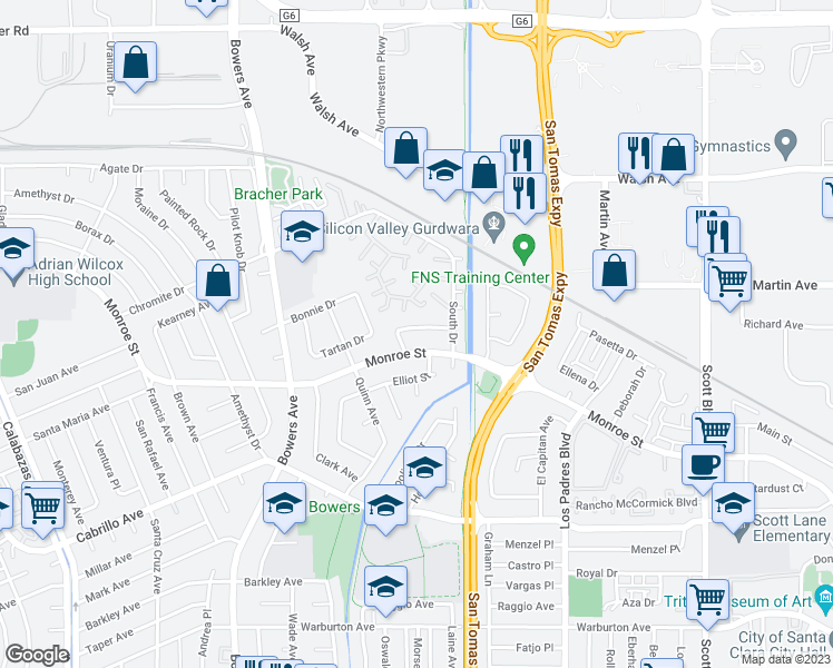 map of restaurants, bars, coffee shops, grocery stores, and more near 2472 Gallup Drive in Santa Clara