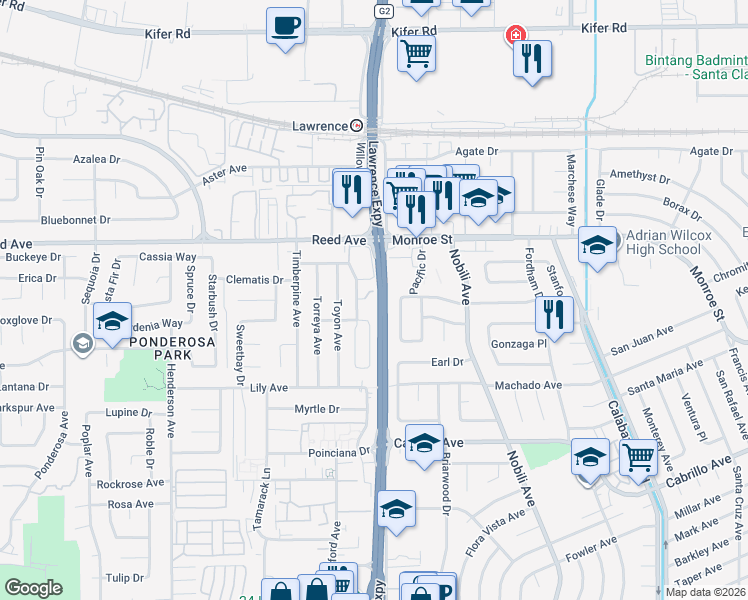 map of restaurants, bars, coffee shops, grocery stores, and more near 1152 Crocus Court in Sunnyvale