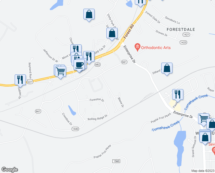 map of restaurants, bars, coffee shops, grocery stores, and more near Homestead Garden Court in Forest