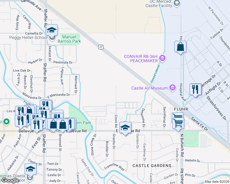 map of restaurants, bars, coffee shops, grocery stores, and more near 5200 Crest Road in Atwater