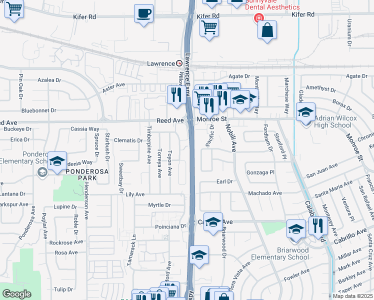 map of restaurants, bars, coffee shops, grocery stores, and more near 1152 Crocus Court in Sunnyvale