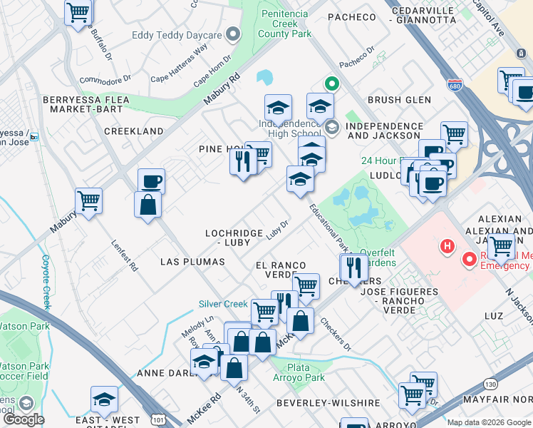 map of restaurants, bars, coffee shops, grocery stores, and more near 1977 Luby Drive in San Jose