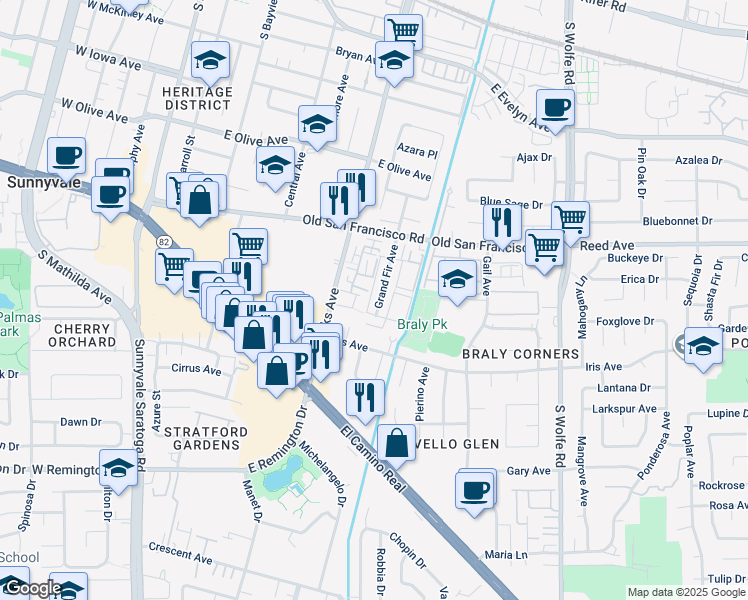 map of restaurants, bars, coffee shops, grocery stores, and more near 669 Grand Fir Avenue in Sunnyvale