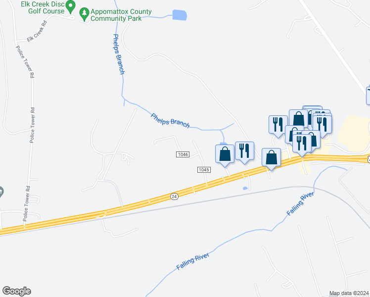 map of restaurants, bars, coffee shops, grocery stores, and more near 218 Lakeview Road in Appomattox
