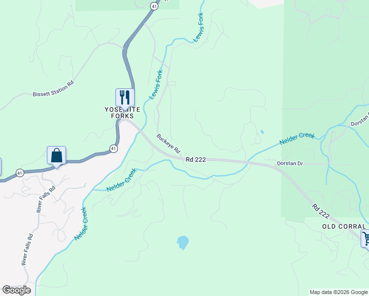 map of restaurants, bars, coffee shops, grocery stores, and more near 42275 Buckeye Road in Oakhurst