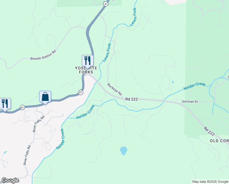 map of restaurants, bars, coffee shops, grocery stores, and more near 42340 Buckeye Road in Oakhurst
