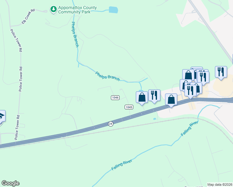 map of restaurants, bars, coffee shops, grocery stores, and more near 218 Lakeview Road in Appomattox