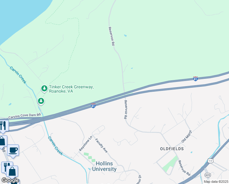 map of restaurants, bars, coffee shops, grocery stores, and more near 8844 Reservoir Road in Roanoke