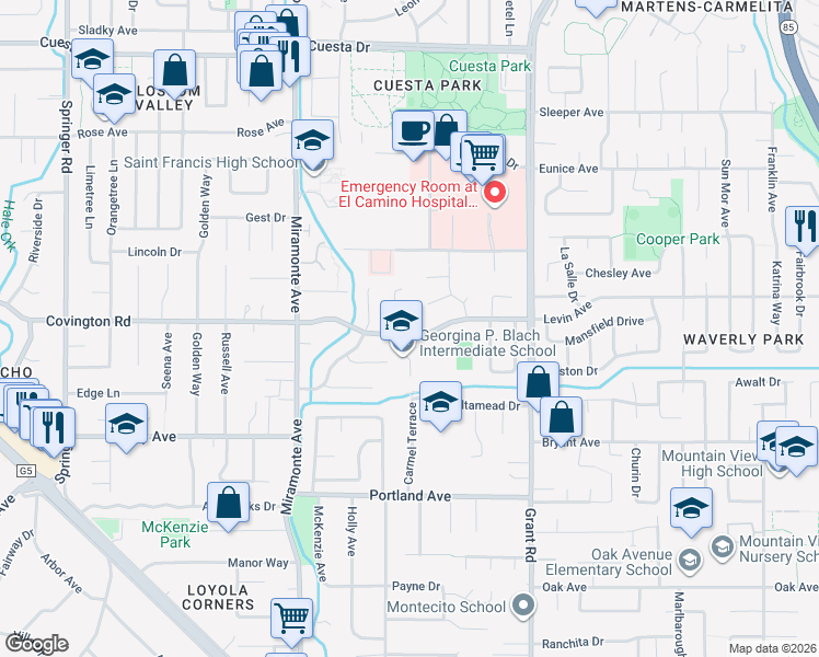 map of restaurants, bars, coffee shops, grocery stores, and more near 999 Hayman Place in Los Altos