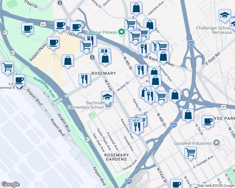 map of restaurants, bars, coffee shops, grocery stores, and more near 1560 North 1st Street in San Jose