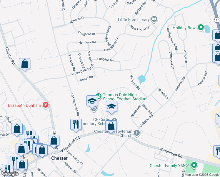 map of restaurants, bars, coffee shops, grocery stores, and more near 11601 Boyd Road in Chester