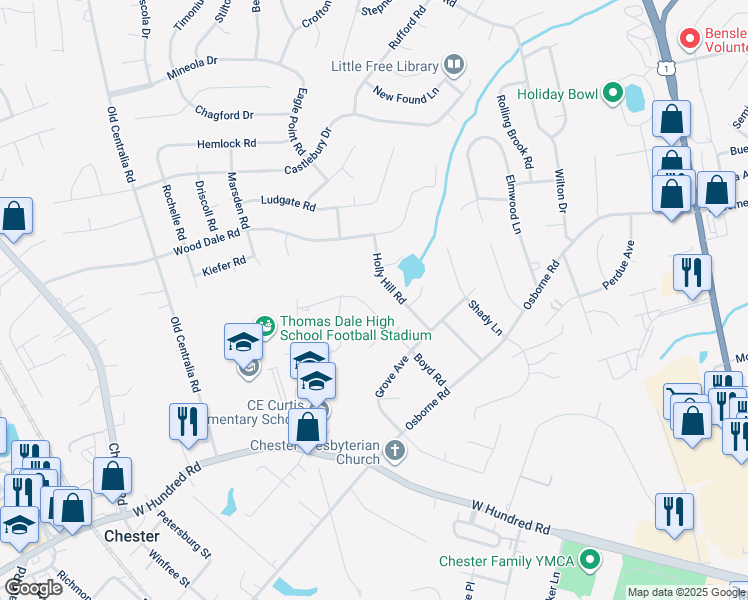 map of restaurants, bars, coffee shops, grocery stores, and more near 11709 Boyd Road in Chester