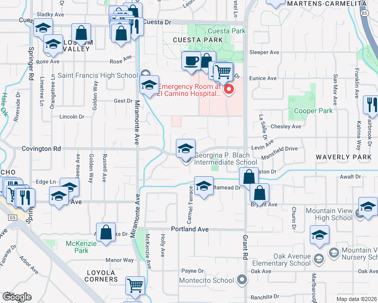 map of restaurants, bars, coffee shops, grocery stores, and more near 999 Hayman Place in Los Altos