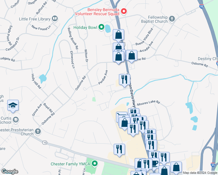map of restaurants, bars, coffee shops, grocery stores, and more near 2807 Goyne Terrace in Chester