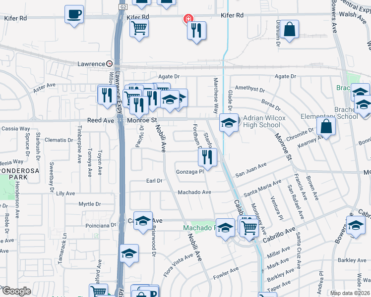 map of restaurants, bars, coffee shops, grocery stores, and more near 3447 Notre Dame Drive in Santa Clara