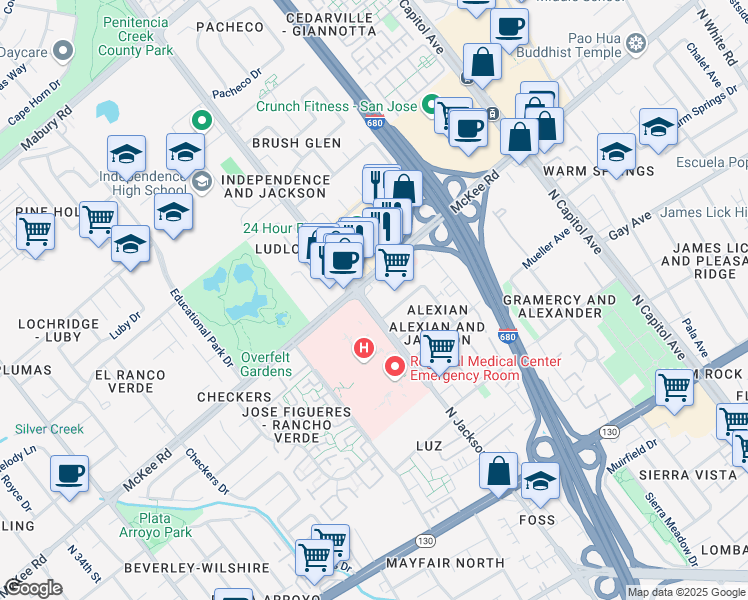 map of restaurants, bars, coffee shops, grocery stores, and more near 280 North Jackson Avenue in San Jose