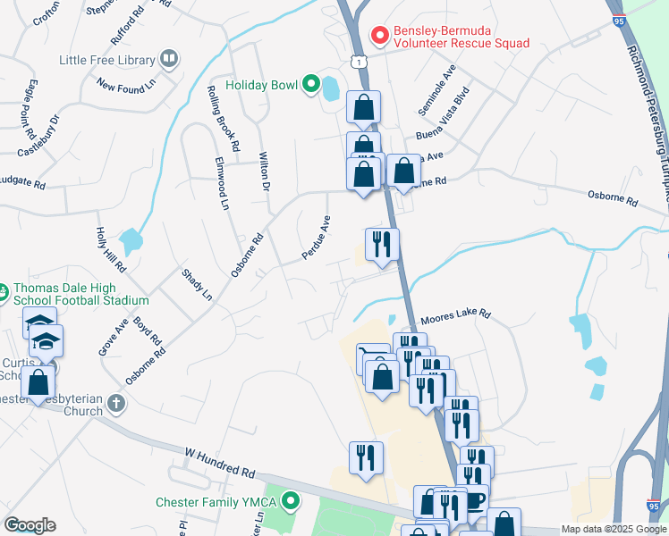 map of restaurants, bars, coffee shops, grocery stores, and more near 2807 Goyne Terrace in Chester