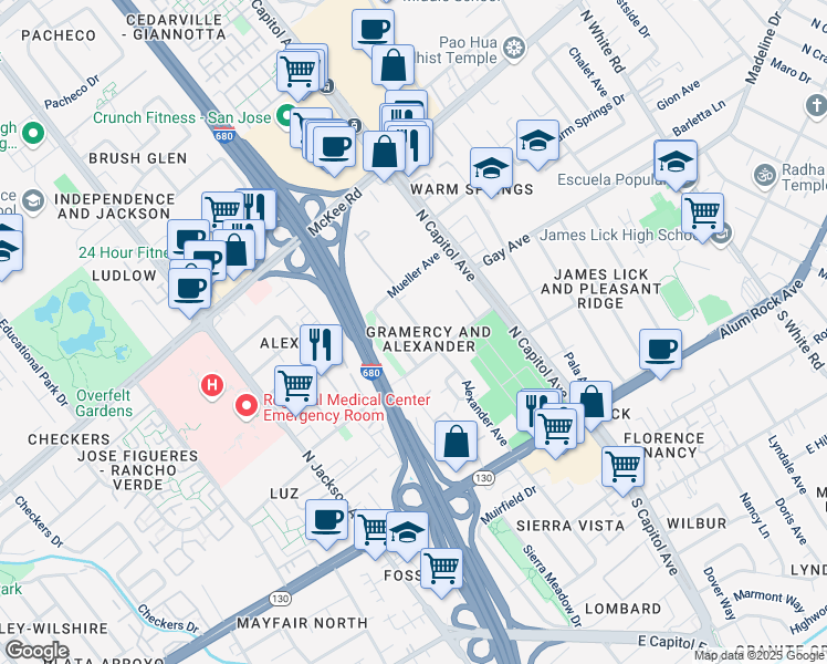 map of restaurants, bars, coffee shops, grocery stores, and more near 175 Alexander Avenue in San Jose