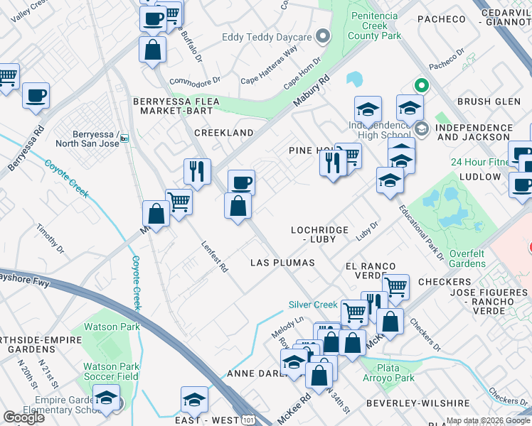 map of restaurants, bars, coffee shops, grocery stores, and more near 2 Dobbin Drive in San Jose