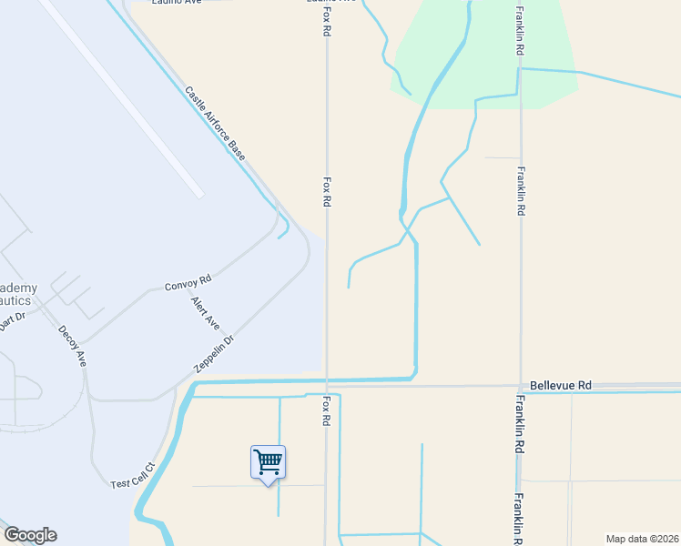map of restaurants, bars, coffee shops, grocery stores, and more near 5300 Fox Road in Merced