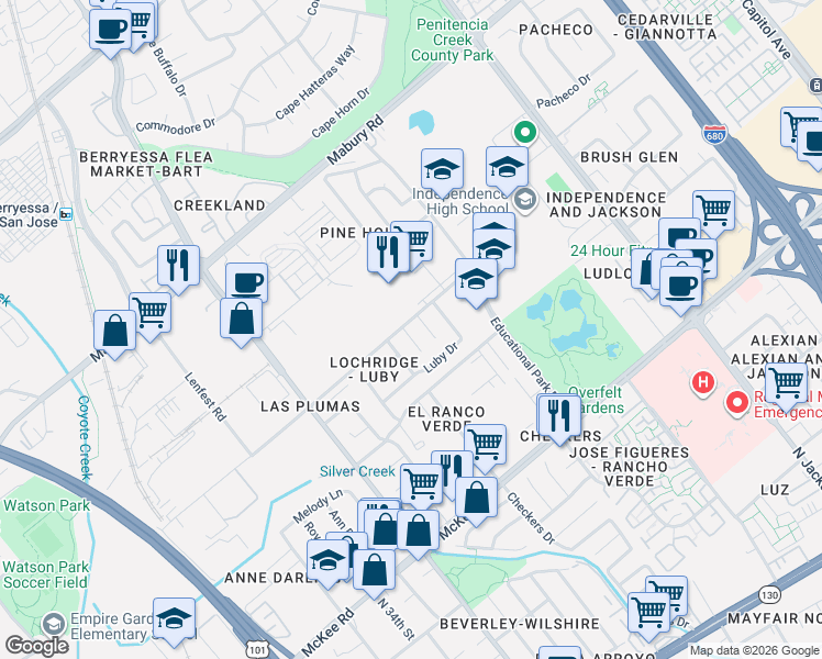 map of restaurants, bars, coffee shops, grocery stores, and more near 546 Trents Ferry Court in San Jose
