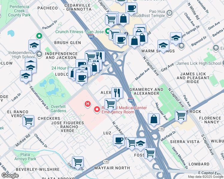 map of restaurants, bars, coffee shops, grocery stores, and more near 230 Montclair Avenue in San Jose