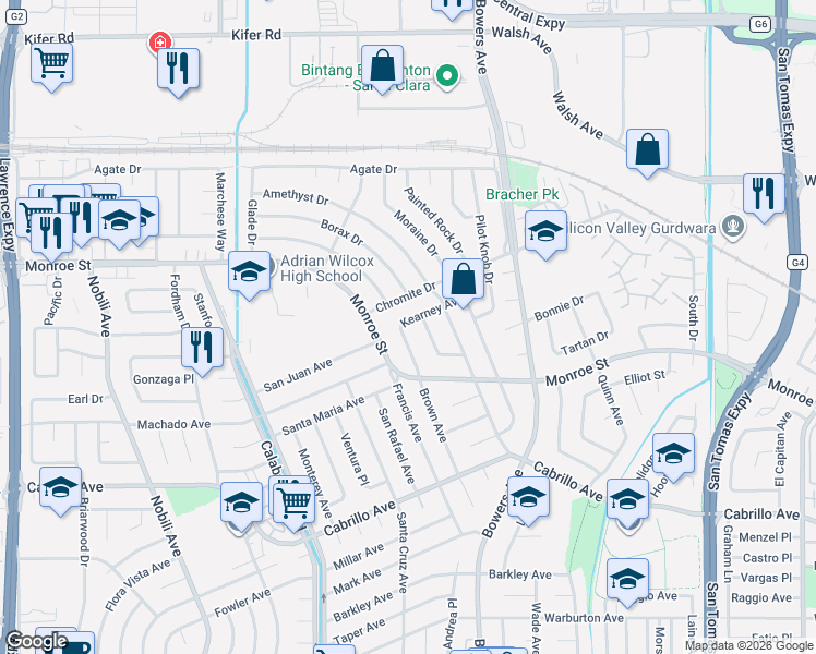 map of restaurants, bars, coffee shops, grocery stores, and more near 2359 Brown Avenue in Santa Clara