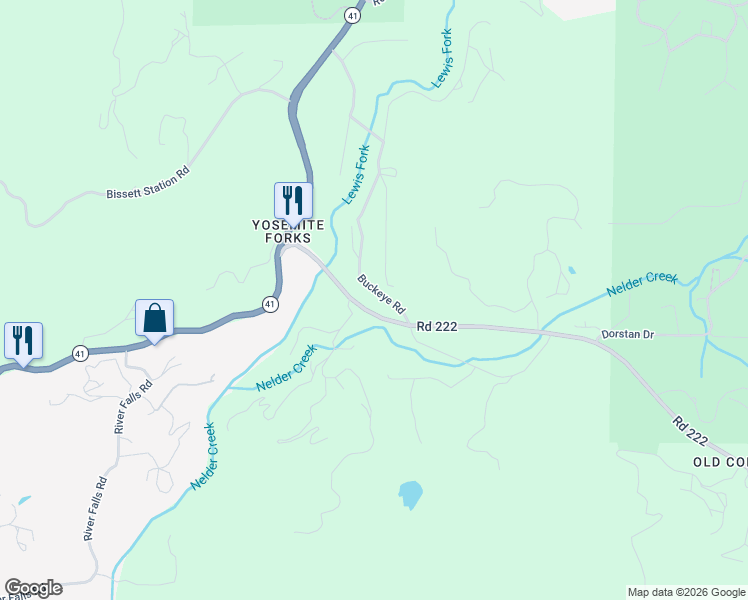 map of restaurants, bars, coffee shops, grocery stores, and more near 42340 Buckeye Road in Oakhurst