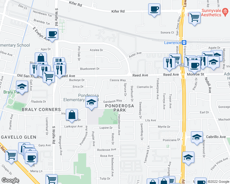 map of restaurants, bars, coffee shops, grocery stores, and more near 1041 Fernleaf Drive in Sunnyvale
