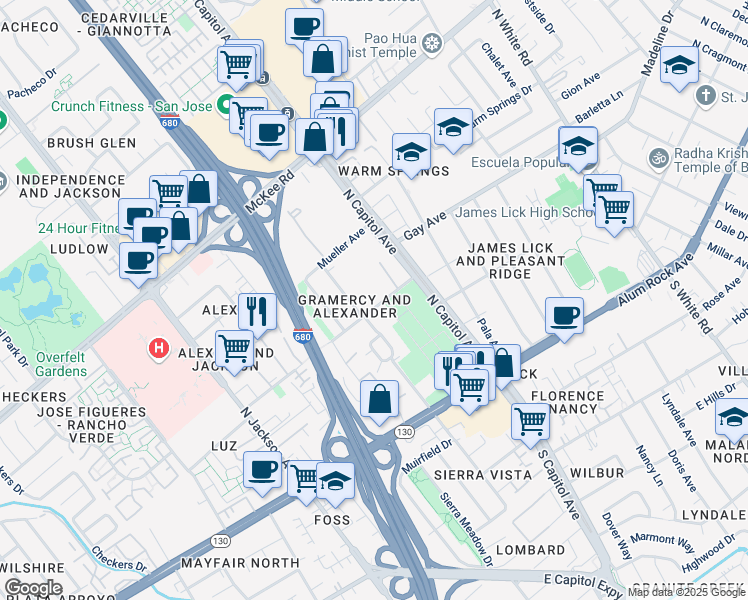 map of restaurants, bars, coffee shops, grocery stores, and more near 2621 Madden Avenue in San Jose