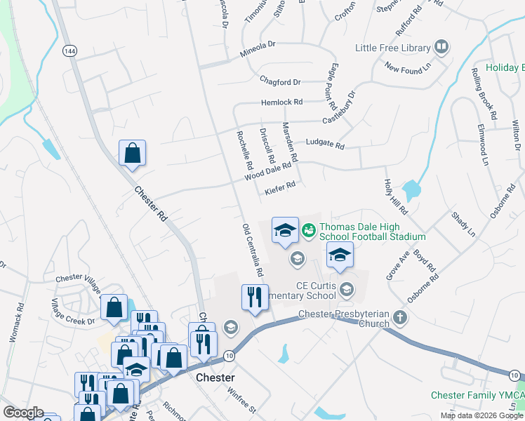 map of restaurants, bars, coffee shops, grocery stores, and more near 11545 Old Centralia Road in Chester