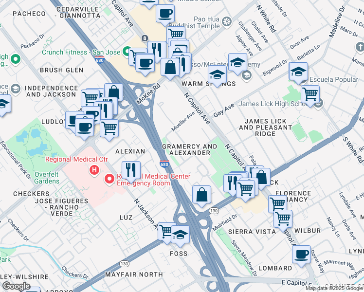 map of restaurants, bars, coffee shops, grocery stores, and more near 175 Alexander Avenue in San Jose