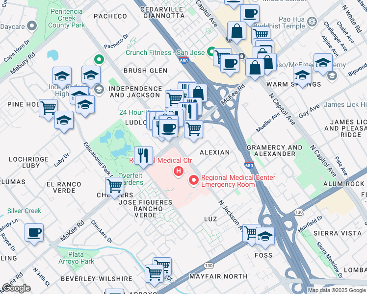 map of restaurants, bars, coffee shops, grocery stores, and more near 280 North Jackson Avenue in San Jose