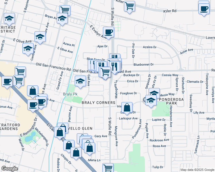 map of restaurants, bars, coffee shops, grocery stores, and more near 767 South Wolfe Road in Sunnyvale