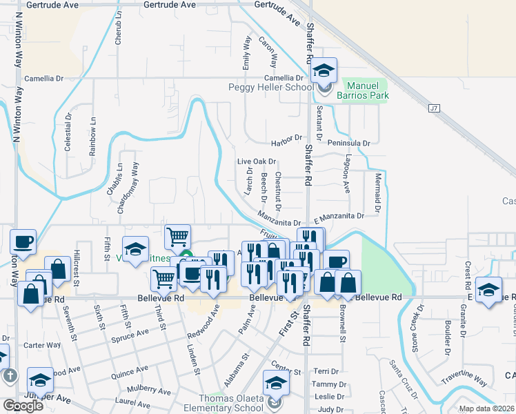 map of restaurants, bars, coffee shops, grocery stores, and more near 291 Manzanita Drive in Atwater