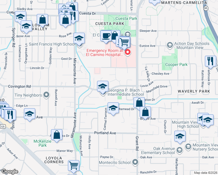 map of restaurants, bars, coffee shops, grocery stores, and more near 1131 Covington Road in Los Altos