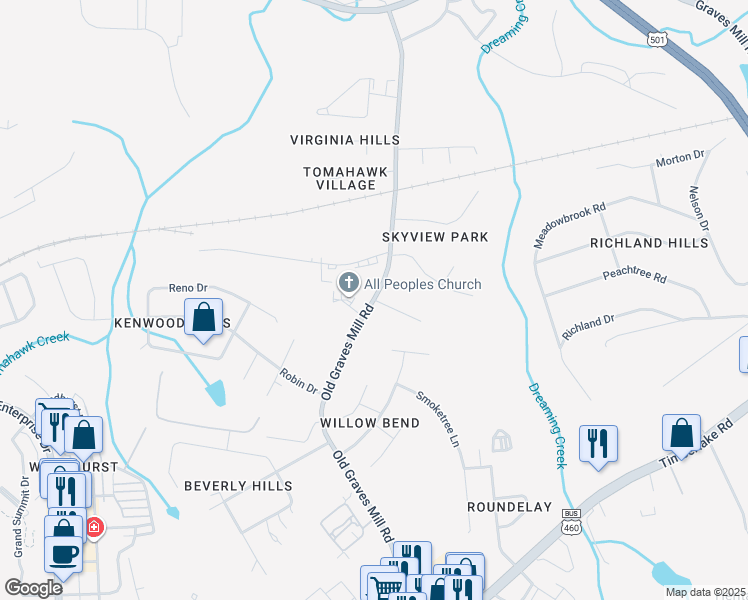 map of restaurants, bars, coffee shops, grocery stores, and more near Old Graves Mill Road in Lynchburg