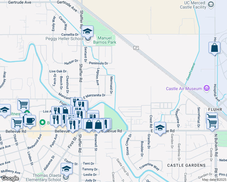 map of restaurants, bars, coffee shops, grocery stores, and more near 3012 Mermaid Drive in Atwater