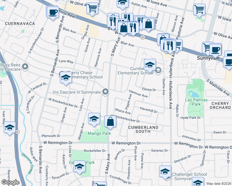 map of restaurants, bars, coffee shops, grocery stores, and more near 960 Heatherstone Avenue in Sunnyvale