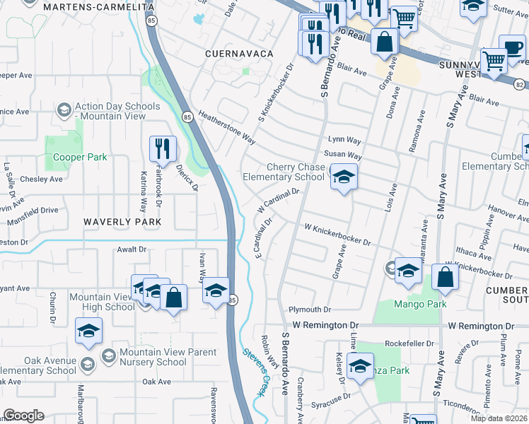map of restaurants, bars, coffee shops, grocery stores, and more near 924 West Cardinal Drive in Sunnyvale